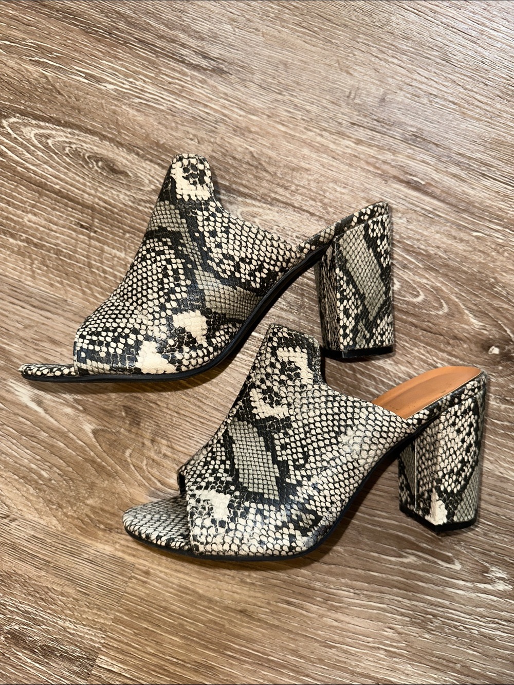 Snake-Print Block Heel Mules - Black & Cream Size 8